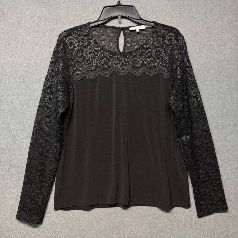 Calvin Klein Lace Yoke Blouse Sheer Long Sleeve Top‎ Medium Black M6HH7895